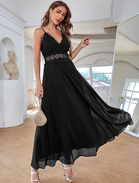 A-Line Elegant Vintage Party Wear Formal Evening Dress V Neck Sleeveless Ankle Length Chiffon with Sequin Pure Color