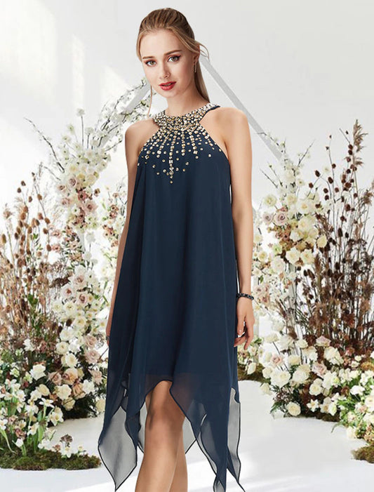 A-Line Cocktail Dresses Flirty Dress Wedding Guest Asymmetrical Sleeveless Halter Chiffon with Crystals