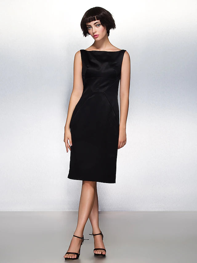 Sheath / Column Party Dress Wedding Guest Knee Length Sleeveless Bateau Neck Satin