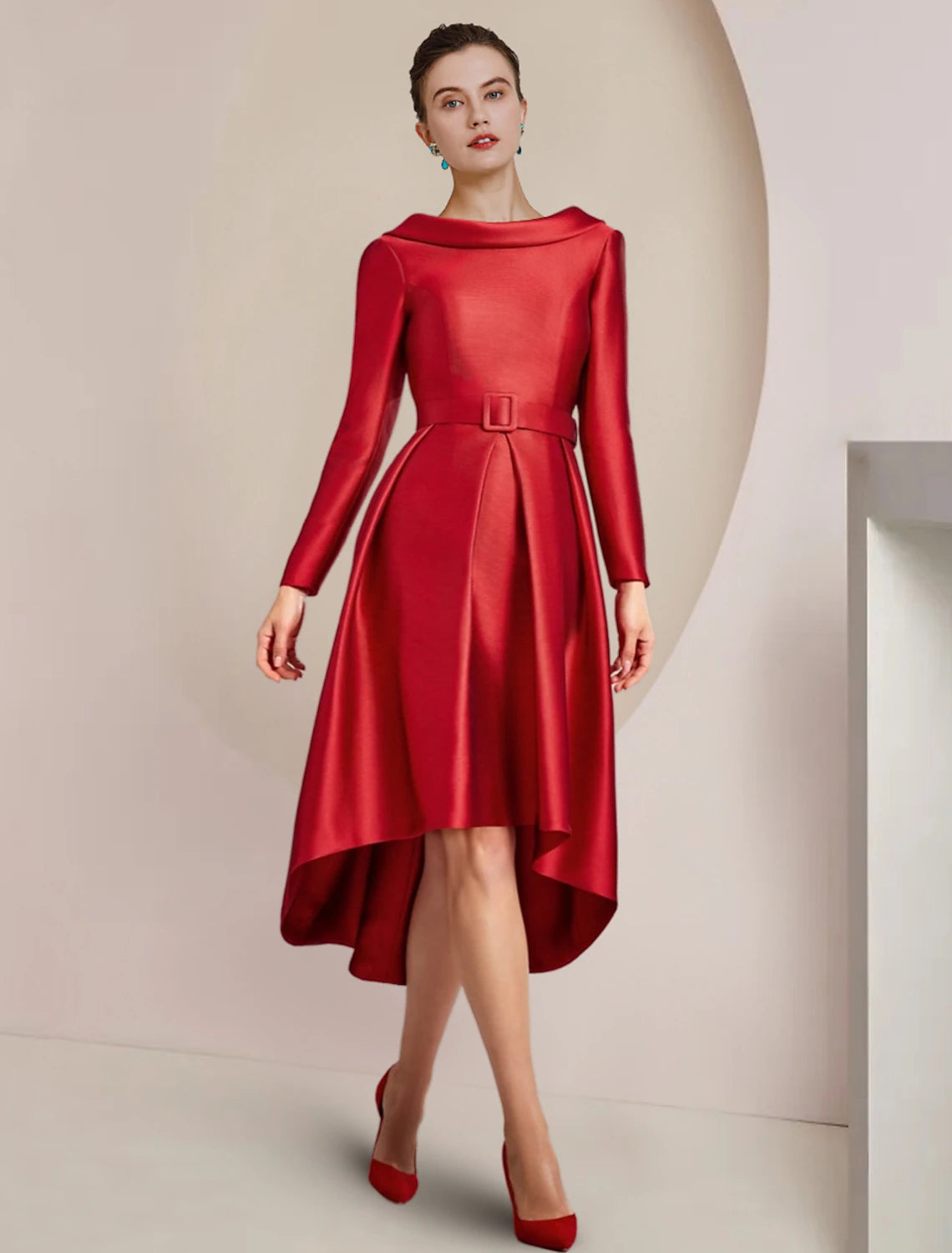 A-Line Mother of the Bride Dress Wedding Guest Party Elegant High Low Scoop Neck Asymmetrical Knee Length Satin Long Sleeve