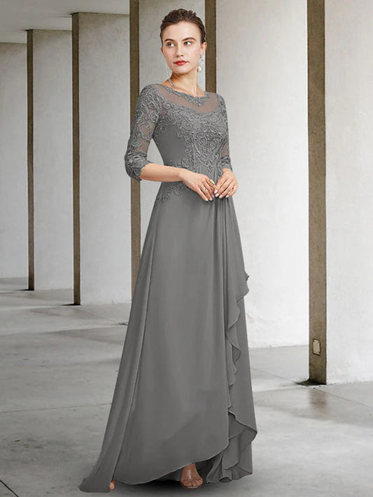 A-Line Mother of the Bride Dress Elegant High Low Jewel Neck Floor Length Chiffon Lace Half Sleeve with Pleats Ruffles