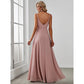 A-Line Bridesmaid Dress V Neck Sleeveless Elegant Floor Length Chiffon with Draping / Solid