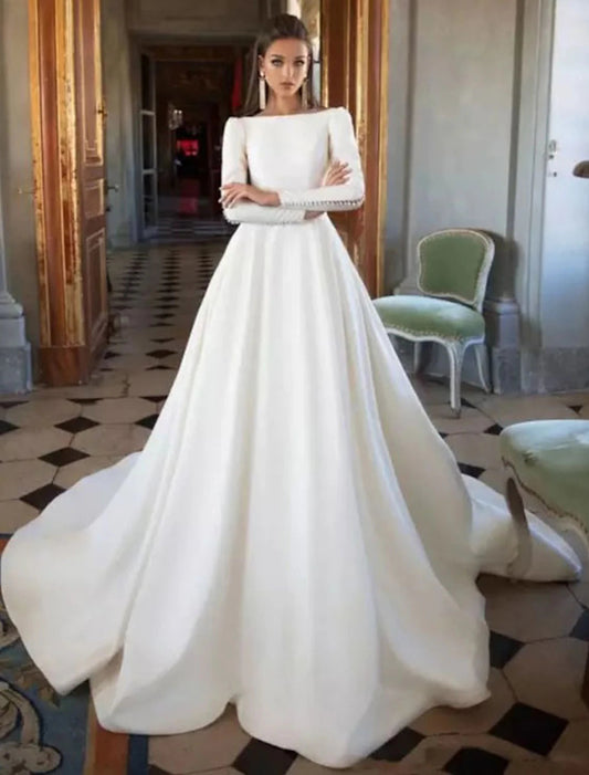 Formal Wedding Dresses Ball Gown Scoop Neck Long Sleeve Court Train Satin Bridal Gowns With Buttons