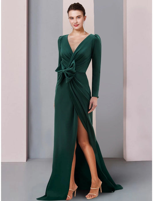 A-Line Mother of the Bride Dress Wedding Guest Elegant V Neck Sweep / Brush Train Stretch Fabric Long Sleeve with Bow(s)