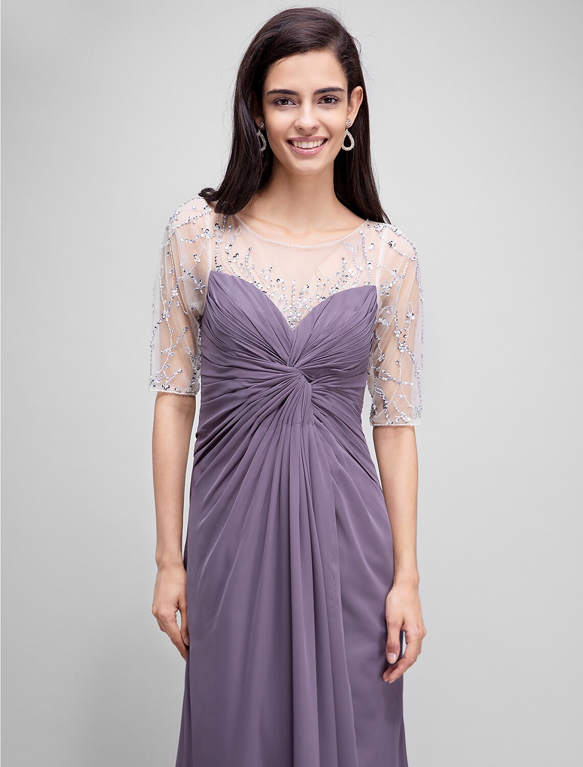 A-Line Mother of the Bride Dress Elegant Scoop Neck Floor Length Chiffon Half Sleeve No with Criss Cross