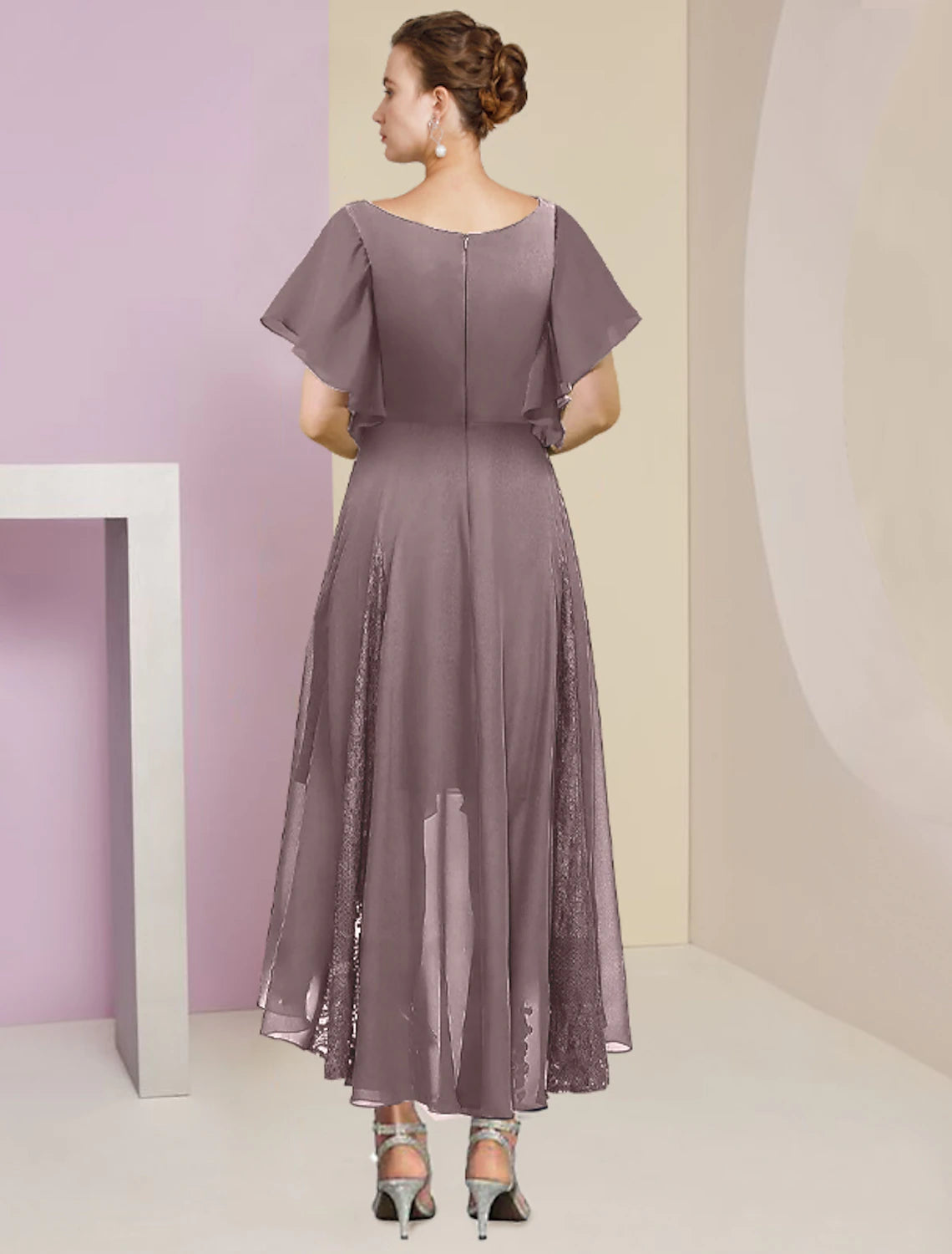 A-Line Mother of the Bride Dress Formal Wedding Guest Elegant V Neck Ankle Length Chiffon Lace Short Sleeve with Pleats Crystal