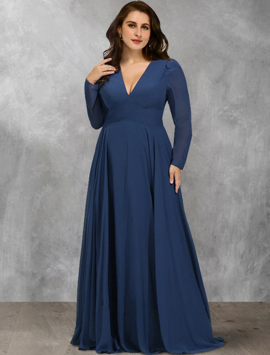 A-Line Mother of the Bride Dresses Plus Size Hide Belly Curve Vintage Dress Formal Floor Length Long Sleeve V Neck Chiffon with Pleats