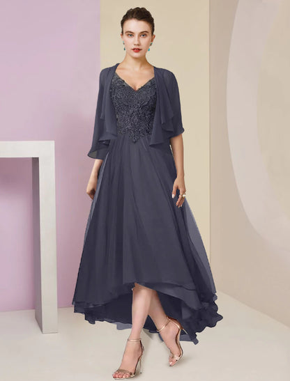 Two Piece A-Line Mother of the Bride Dress Formal Wedding Guest Elegant High Low V Neck Asymmetrical Tea Length Chiffon Lace Short Sleeve Wrap Included