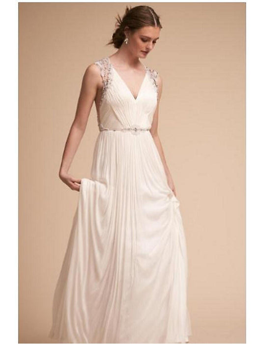 Reception Wedding Dresses Princess V Neck Sleeveless Sweep Train Chiffon Bridal Gowns With Beading Appliques