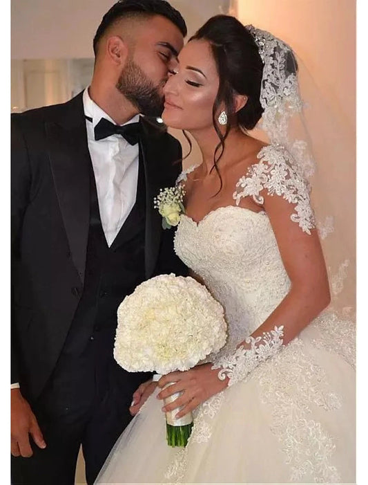 Engagement Formal Wedding Dresses Ball Gown Sweetheart Long Sleeve Floor Length Lace Bridal Gowns