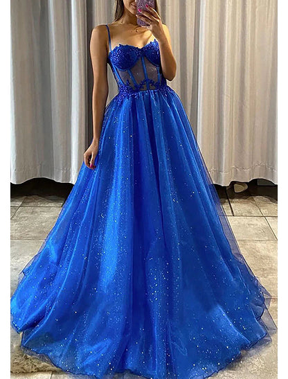 A-Line Prom Dresses Glittering Dress Formal Floor Length Sleeveless Spaghetti Strap Tulle Backless with Pleats