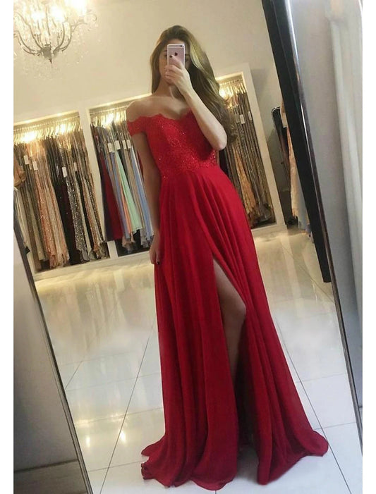 A-Line Prom Dresses Glittering Dress Formal Floor Length Sleeveless Off Shoulder Chiffon Backless