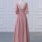 A-Line Bridesmaid Dress V Neck Half Sleeve Elegant Floor Length Chiffon with Pleats