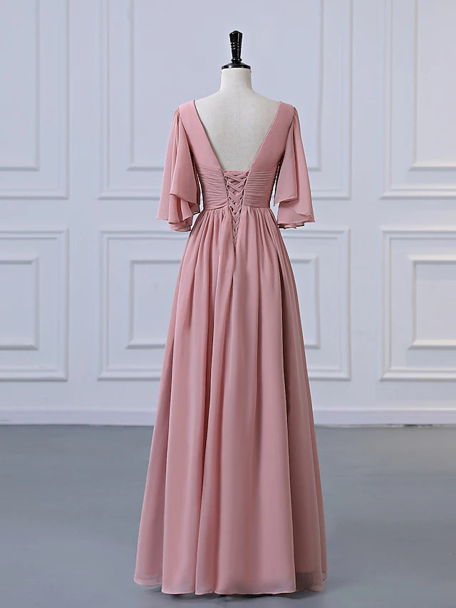 A-Line Bridesmaid Dress V Neck Half Sleeve Elegant Floor Length Chiffon with Pleats