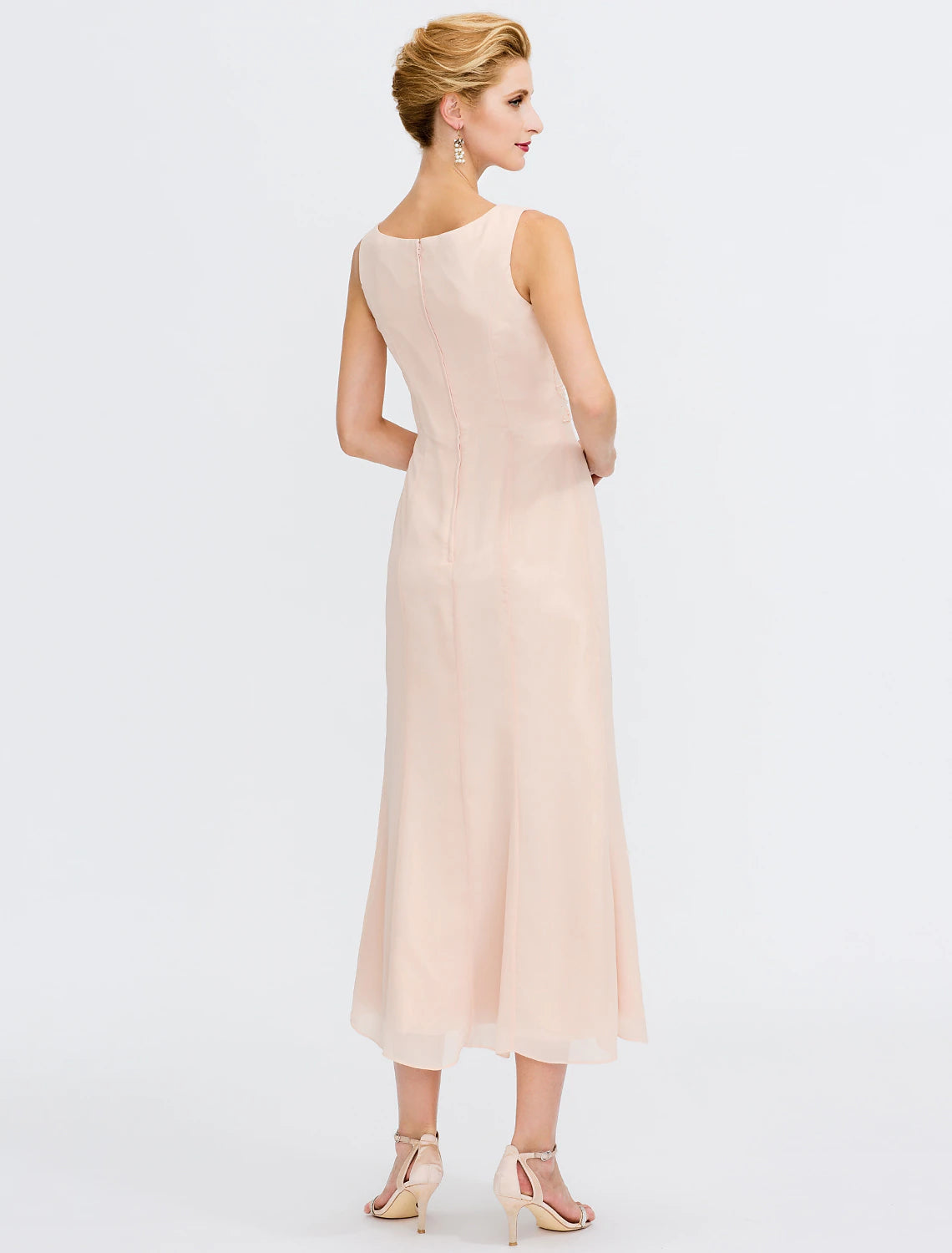 Two Piece Sheath / Column Mother of the Bride Dress Fall Wedding Guest Dresses Plus Size Elegant Jewel Neck Tea Length Chiffon Sleeveless Wrap Included with Sash / Ribbon Pleats