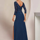 A-Line Mother of the Bride Dress Elegant Scoop Neck Floor Length Chiffon Lace 3/4 Length Sleeve with Appliques