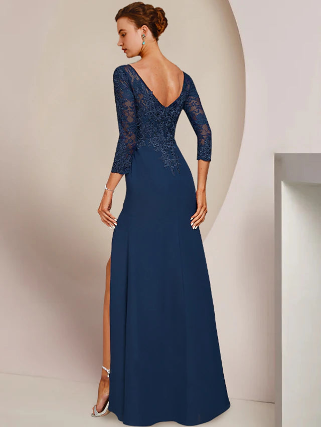 A-Line Mother of the Bride Dress Elegant Scoop Neck Floor Length Chiffon Lace 3/4 Length Sleeve with Appliques