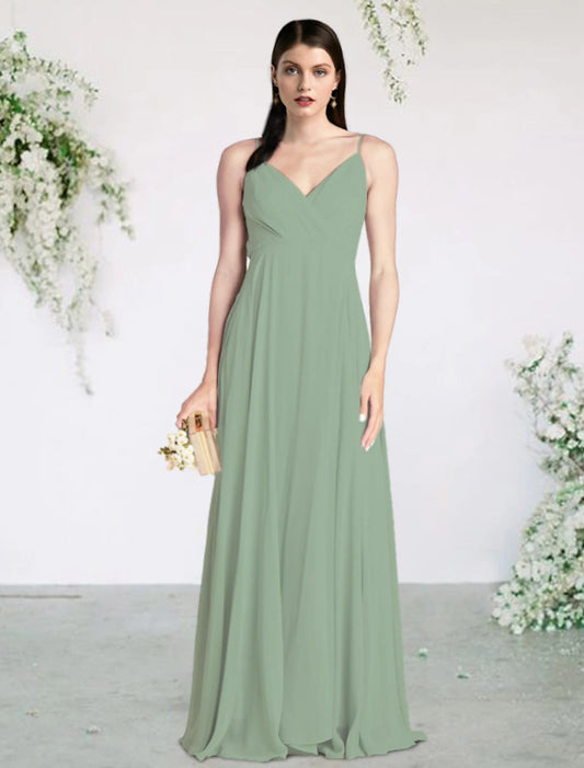 A-Line Bridesmaid Dress V Neck / Spaghetti Strap Sleeveless Sexy Floor Length Chiffon