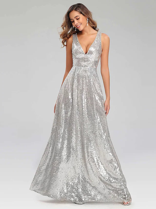 A-Line Prom Dresses Sparkle Dress Wedding Guest Floor Length Sleeveless V Neck Polyester V Back