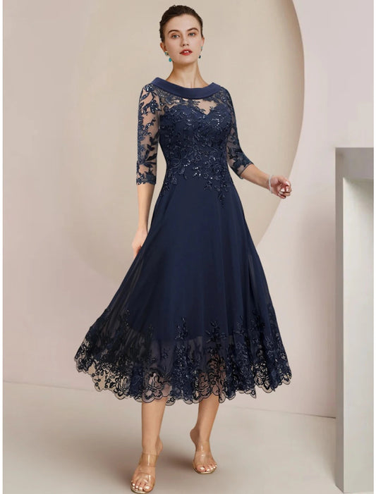 A-Line Mother of the Bride Dress Wedding Guest Elegant Petite Scoop Neck Tea Length Chiffon Lace Half Sleeve with Sequin Ruching