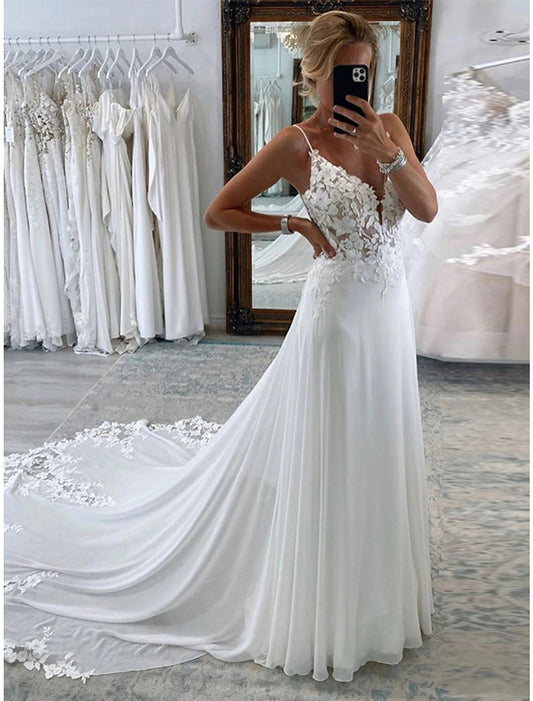 Reception Formal Wedding Dresses A-Line Camisole Sleeveless Court Train Chiffon Bridal Suits Bridal Gowns