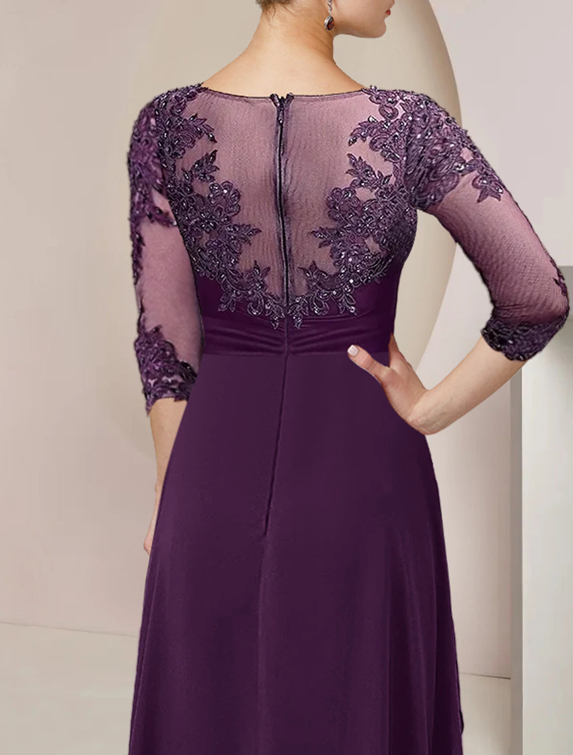 A-Line Mother of the Bride Dress Formal Wedding Guest Elegant High Low Scoop Neck Asymmetrical Floor Length Chiffon Lace 3/4 Length Sleeve with Beading Sequin