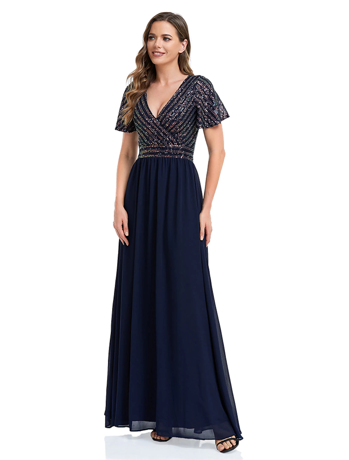 A-Line Mermaid / Trumpet Evening Gown Elegant Dress Christmas Floor Length Short Sleeve V Neck Sequined