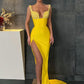 Stretch Crepe Sequin V-neck Sleeveless Yellow Prom Dresses Long Sexy