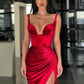 Velvet Ruched V-neck Sleeveless Red Long Prom Dresses Pure Color