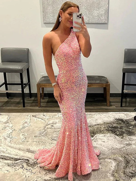 Ruffles One-Shoulder Sleeveless Sequin Prom Dresses Sparkly 