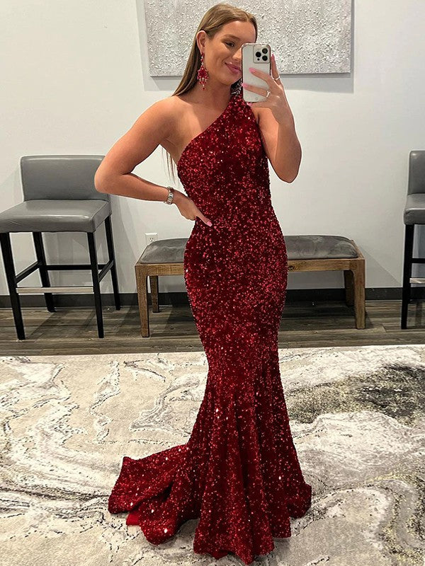 Ruffles One-Shoulder Sleeveless Sequin Prom Dresses Sparkly 