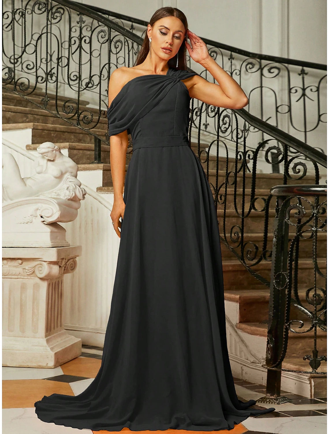 A-Line Evening Gown Elegant Dress Formal Fall Sweep / Brush Train Short Sleeve One Shoulder Stretch Fabric with Pleats