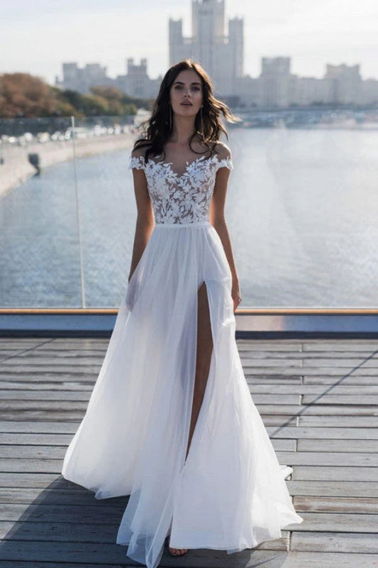 Off The Shoulder Appliques A Line Wedding Dress Side Split Tulle Bridal Dress Elegant