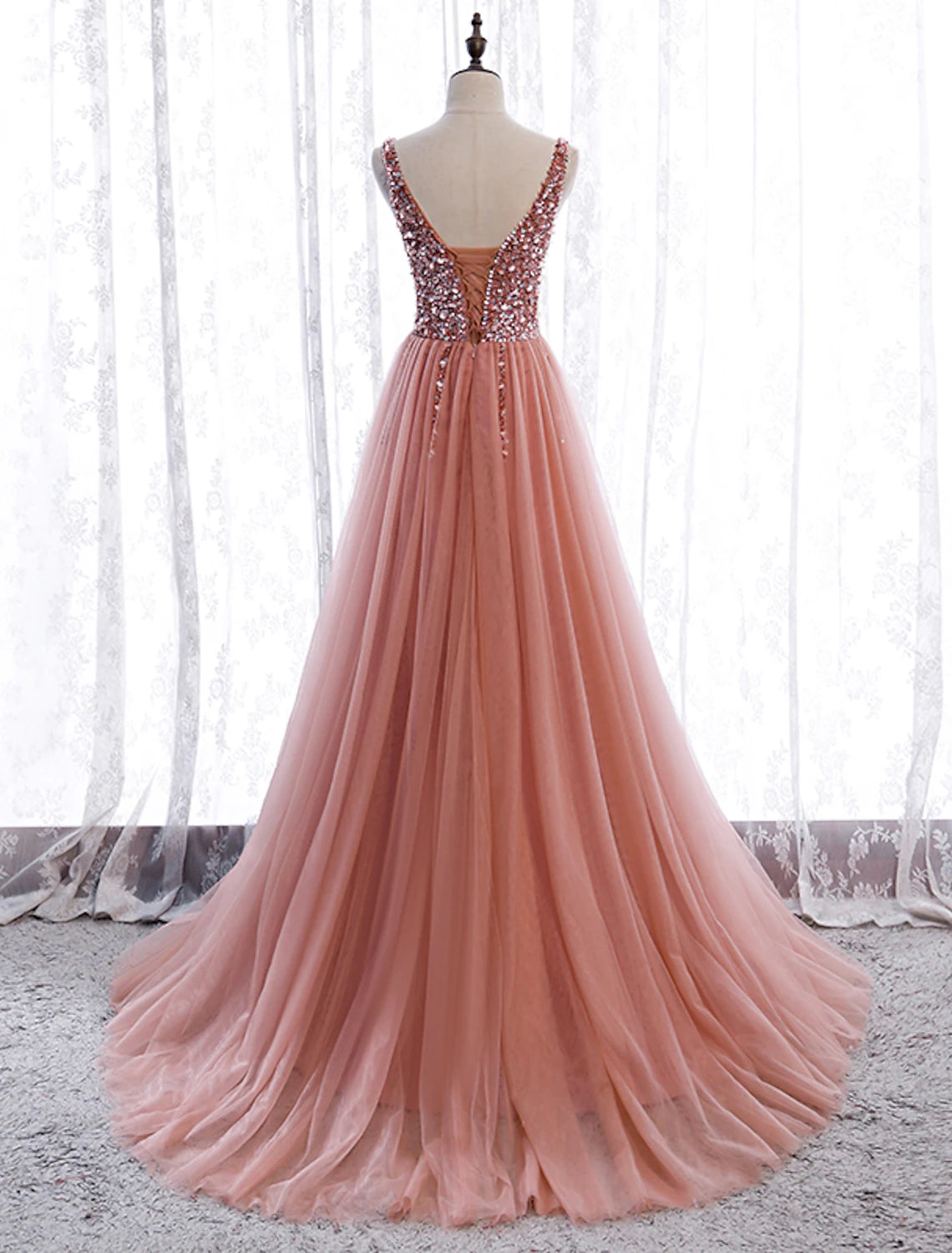 A-Line Prom Dresses Elegant Dress Party Wear Court Train Sleeveless V Neck Polyester with Pearls