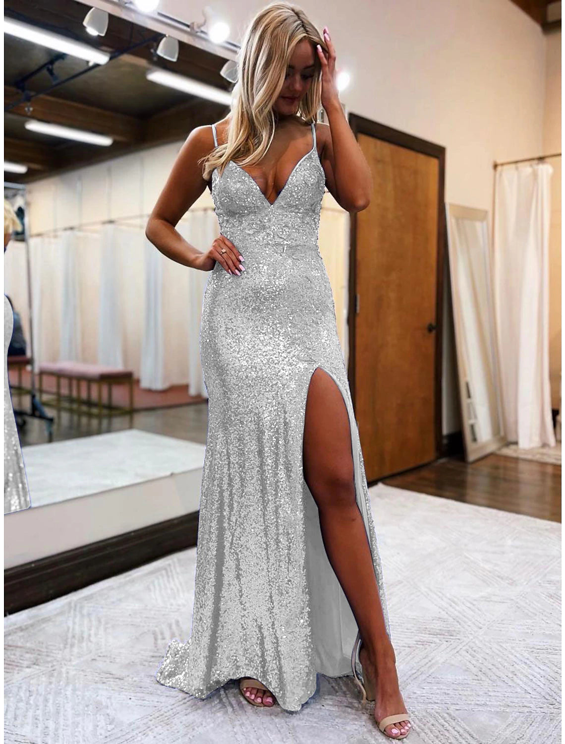 Mermaid / Trumpet Prom Dresses Sparkle & Shine Dress Formal Sweep / Brush Train Sleeveless V Neck Sequined Backless with Glitter