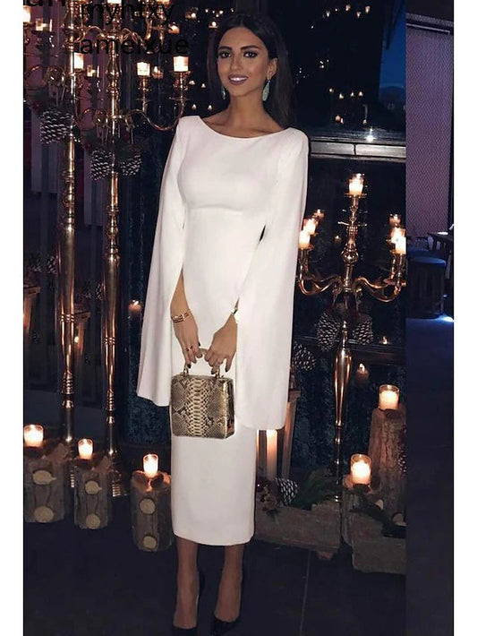 Sheath / Column Cocktail Dresses Party Dress Holiday Tea Length Long Sleeve Jewel Neck Jersey Backless with Sleek