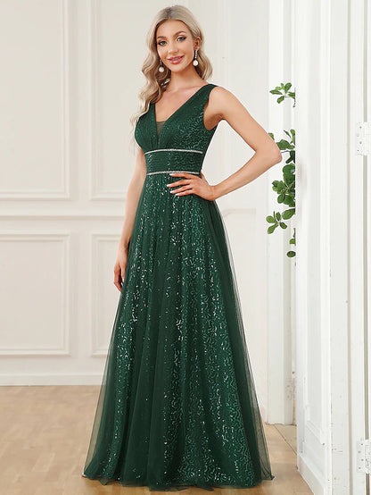 A-Line Prom Dresses Elegant Dress Party Wear Floor Length Sleeveless V Neck Sequined V Back