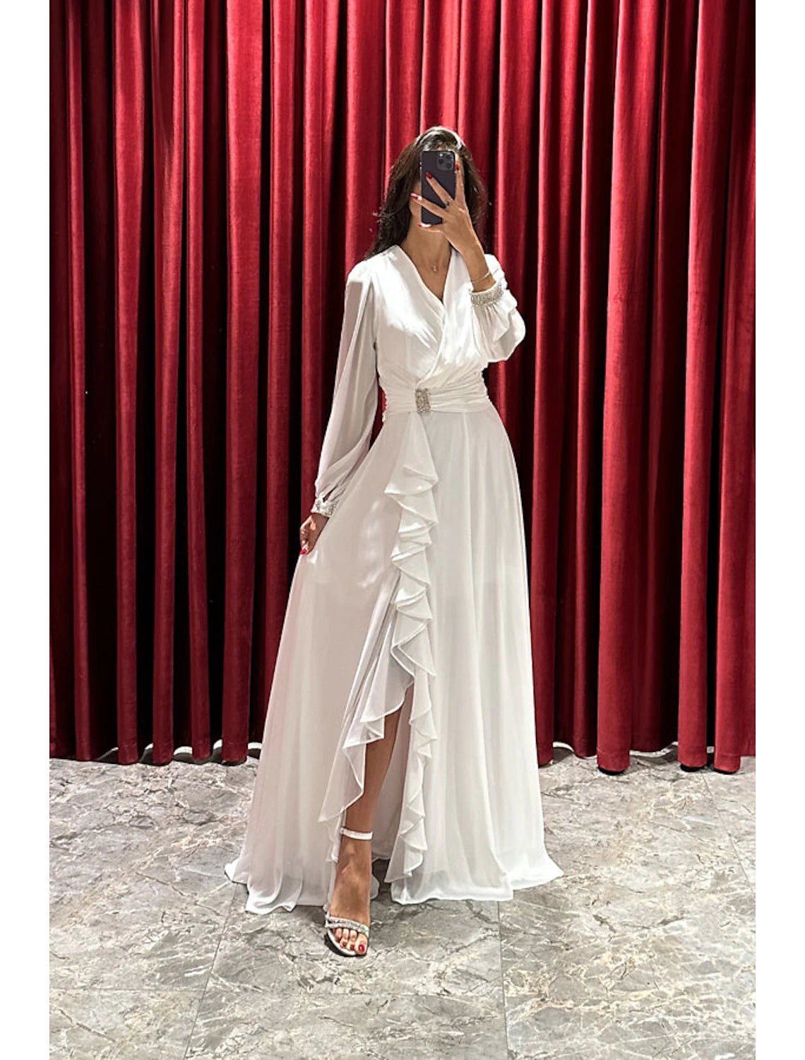 A-Line Evening Gown High Split Dress Formal Fall Sweep / Brush Train Long Sleeve V Neck Stretch Fabric with Pleats Crystals