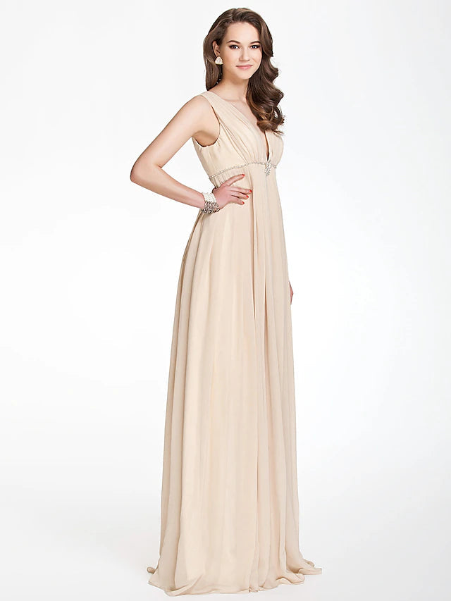 A-Line Bridesmaid Dress V Neck Sleeveless Beautiful Back Floor Length Chiffon with Pleats / Beading