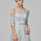 A-Line Empire Dress Wedding Guest Prom Floor Length Half Sleeve Illusion Neck Tulle with Bow(s)