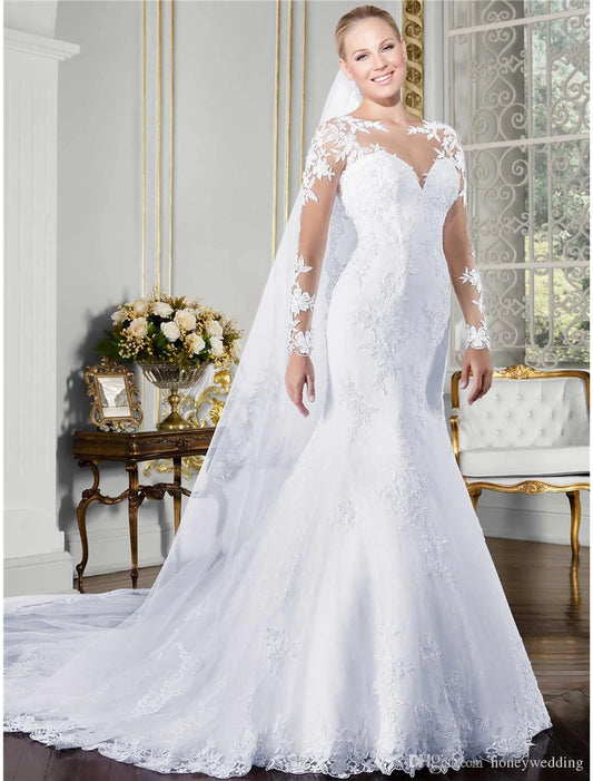 Engagement Formal Wedding Dresses Mermaid / Trumpet Illusion Neck Long Sleeve Court Train Lace Bridal Gowns