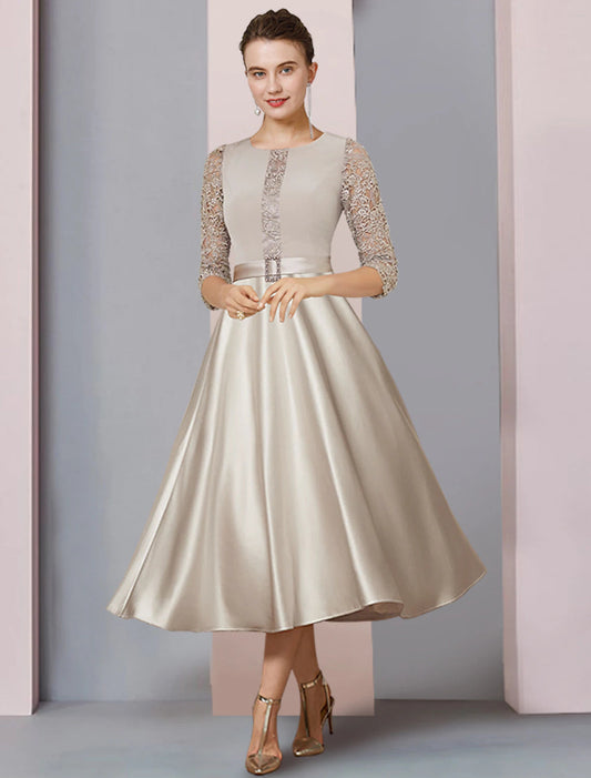 A-Line Mother of the Bride Dress Formal Wedding Guest Party Elegant Scoop Neck Tea Length Satin Lace Half Sleeve with Crystal