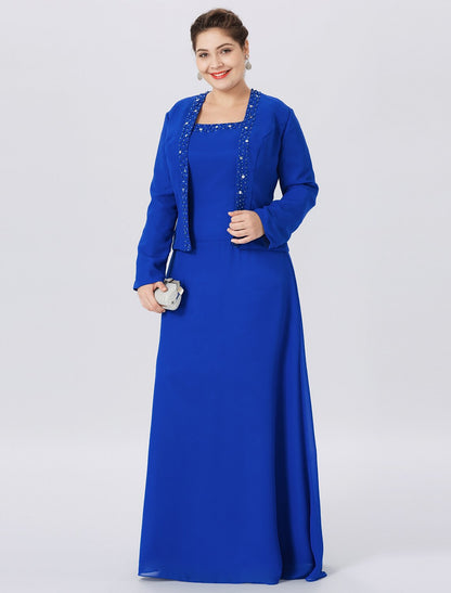 A-Line Mother of the Bride Dress Formal Classic & Timeless Elegant & Luxurious Plus Size Straps Floor Length Chiffon Lace Long Sleeve Wrap Included with Pearls