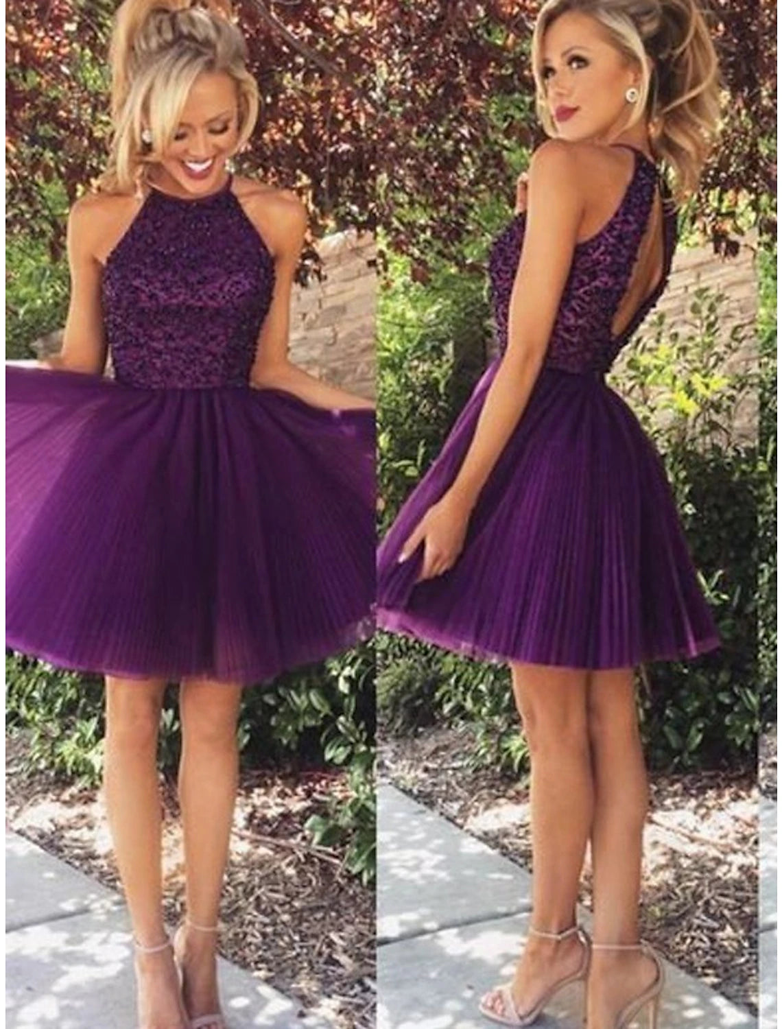 A-Line Cocktail Dresses Party Dress Homecoming Short / Mini Sleeveless Jewel Neck Lace Backless with Beading