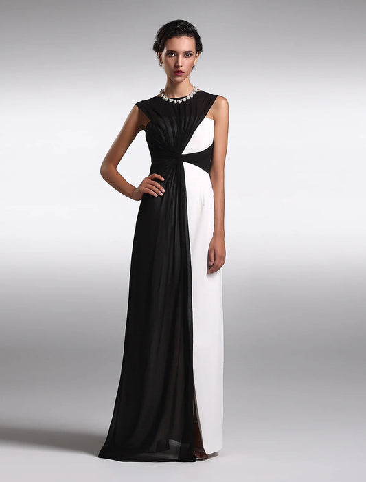 Sheath / Column Little Black Prom Dress Wedding Guest Floor Length Sleeveless Jewel Neck Georgette V Back