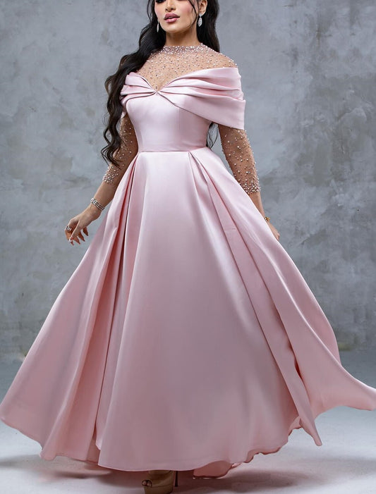 A-Line Evening Gown Elegant Dress Formal Prom Floor Length Short Sleeve Sweetheart Satin with Ruched Pearls