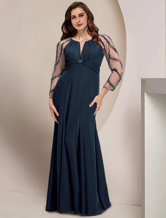 Mother of the Bride Dresses Plus Size Curve Hide Belly Wedding Guest Vintage Elegant V Neck Floor Length Chiffon Long Sleeve with Pleats