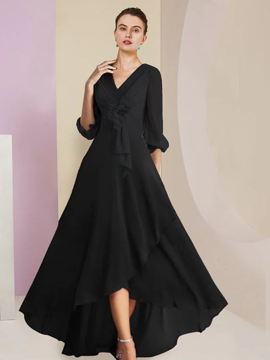 A-Line Mother of the Bride Dress Formal Wedding Guest Vintage Elegant V Neck Asymmetrical Ankle Length Chiffon 3/4 Length Sleeve