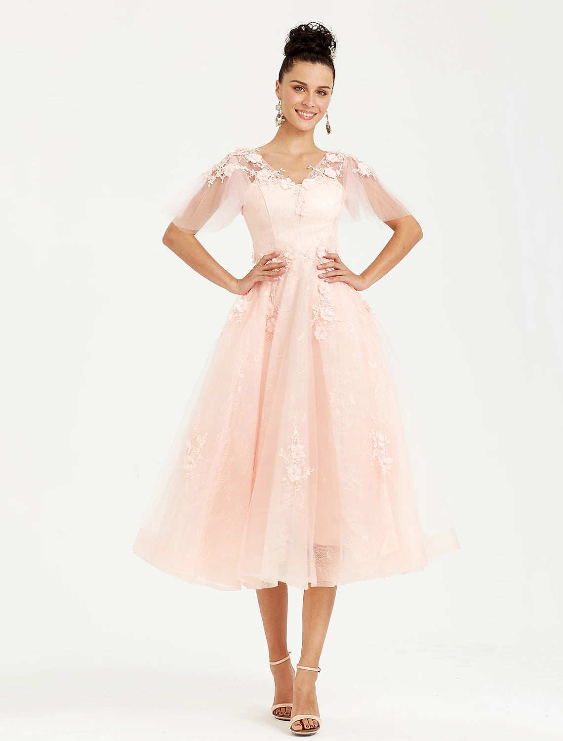 A-Line Prom Dresses Elegant Dress Wedding Guest Cocktail Party Tea Length Short Sleeve V Neck Tulle