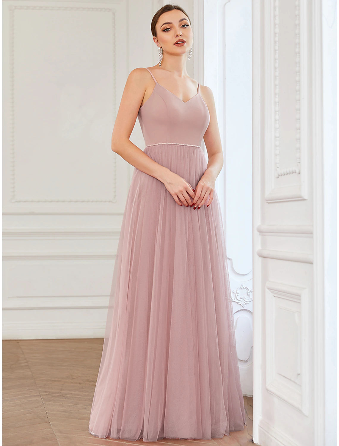 A-Line Prom Dresses Vintage Dress Wedding Guest Floor Length Sleeveless V Neck Tulle V Back with Pleats